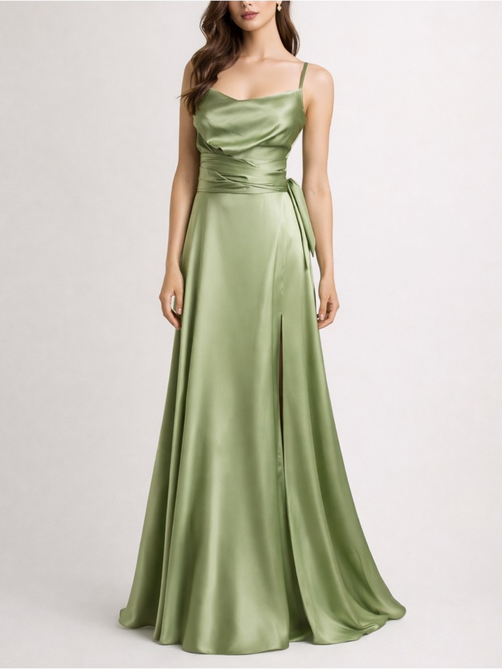 Milla Boudoir Olive Slip Dress‎ Women’s Medium Satin Open Back Slit Formal New